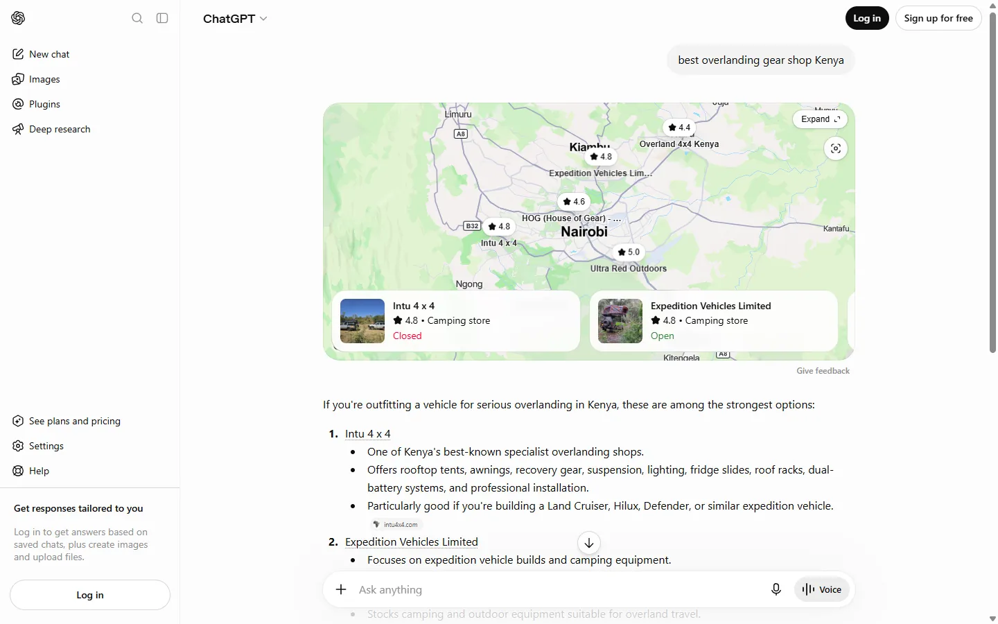 ChatGPT map result showing Ultrared Outdoors rated 5.0 for overlanding gear in Kenya