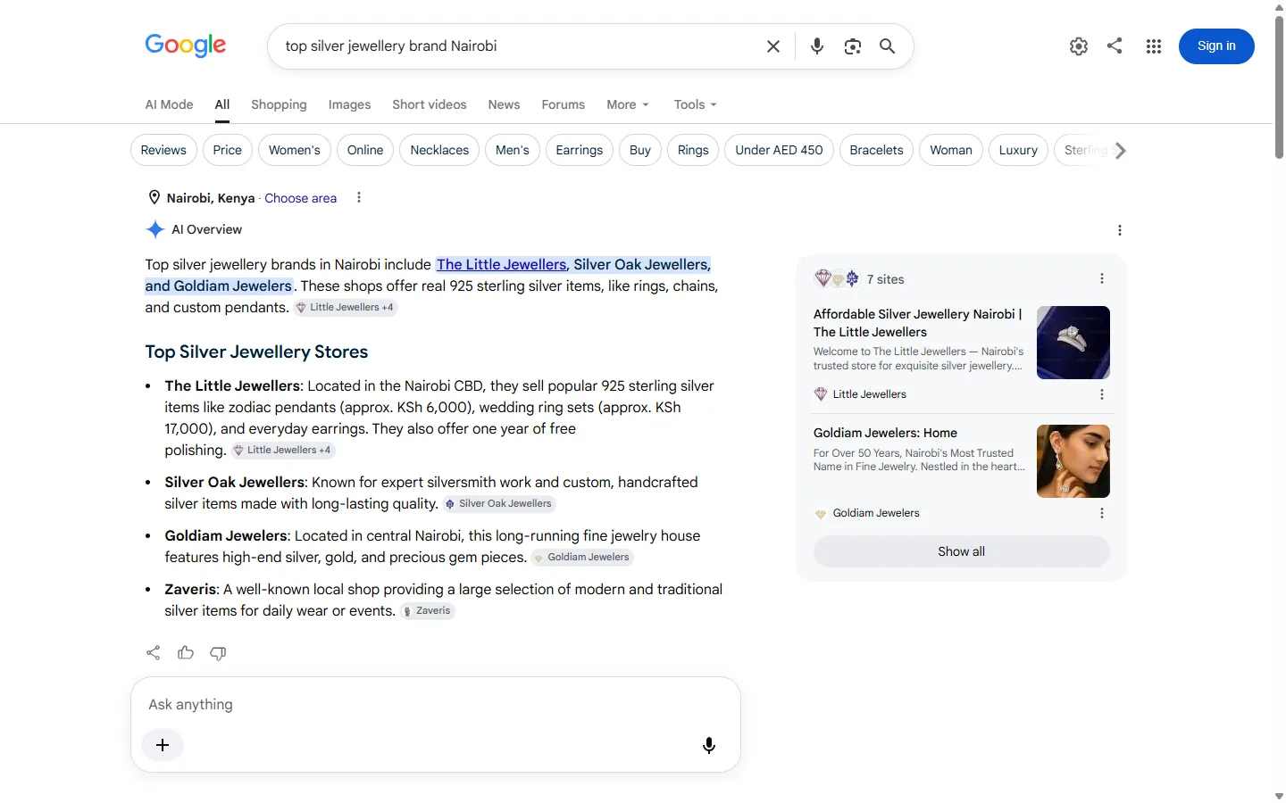 Google AI Overview naming Silver Oak Jewellers for top silver jewellery brand in Nairobi