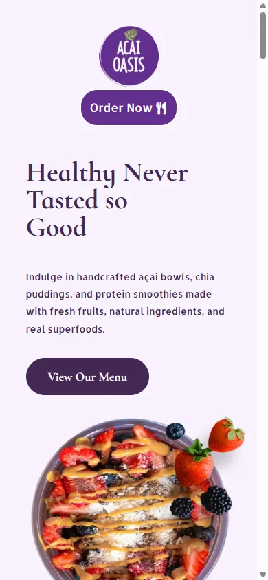 Acai Oasis website, mobile