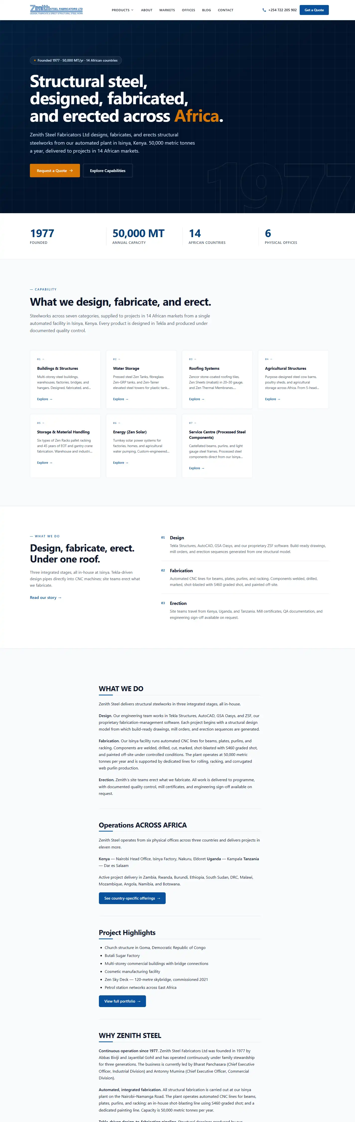 Zenith Steel website, desktop view